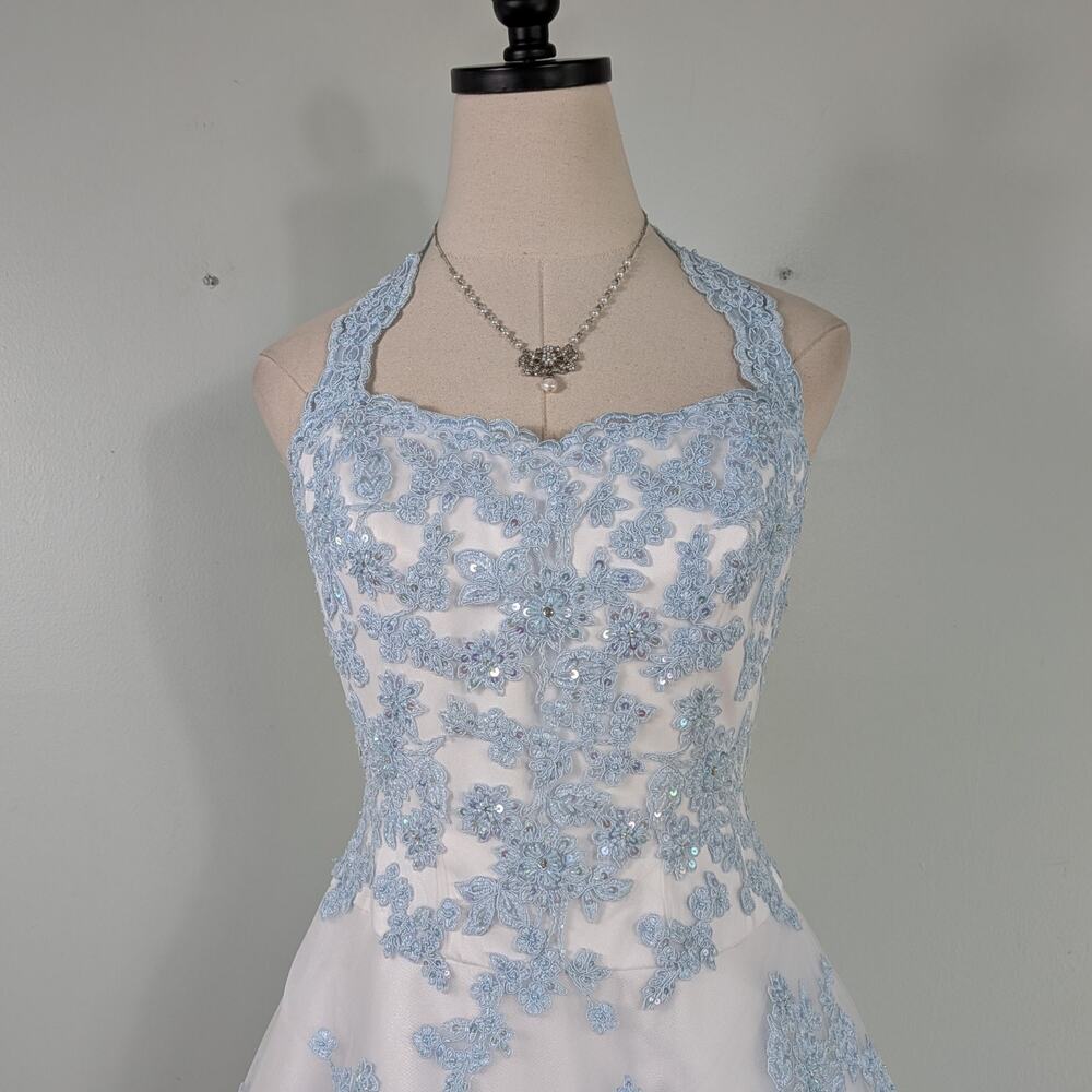 Vtg Jovani Prom Dress Maxi Gown 6 White Blue Y2K Fairy Princess Floral Wedding - Picture 5 of 16